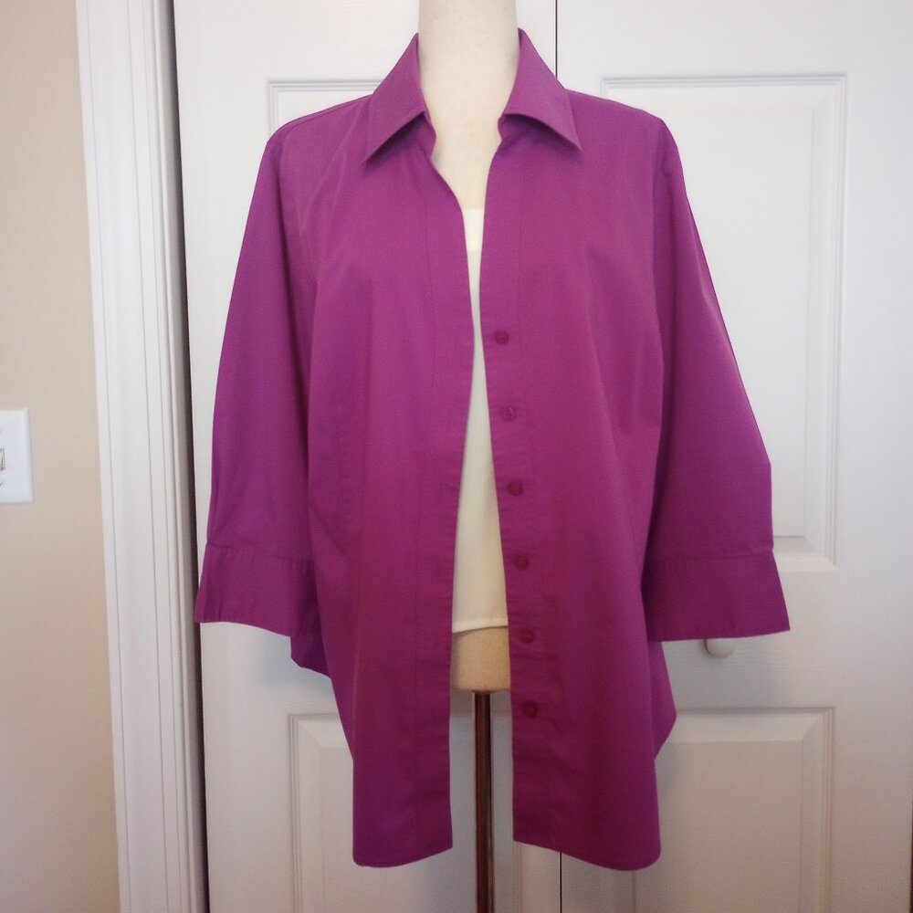 Womans Plus sz 2X Purple Button Front Blouse 3/4 Sleeve Lightweight Stretch